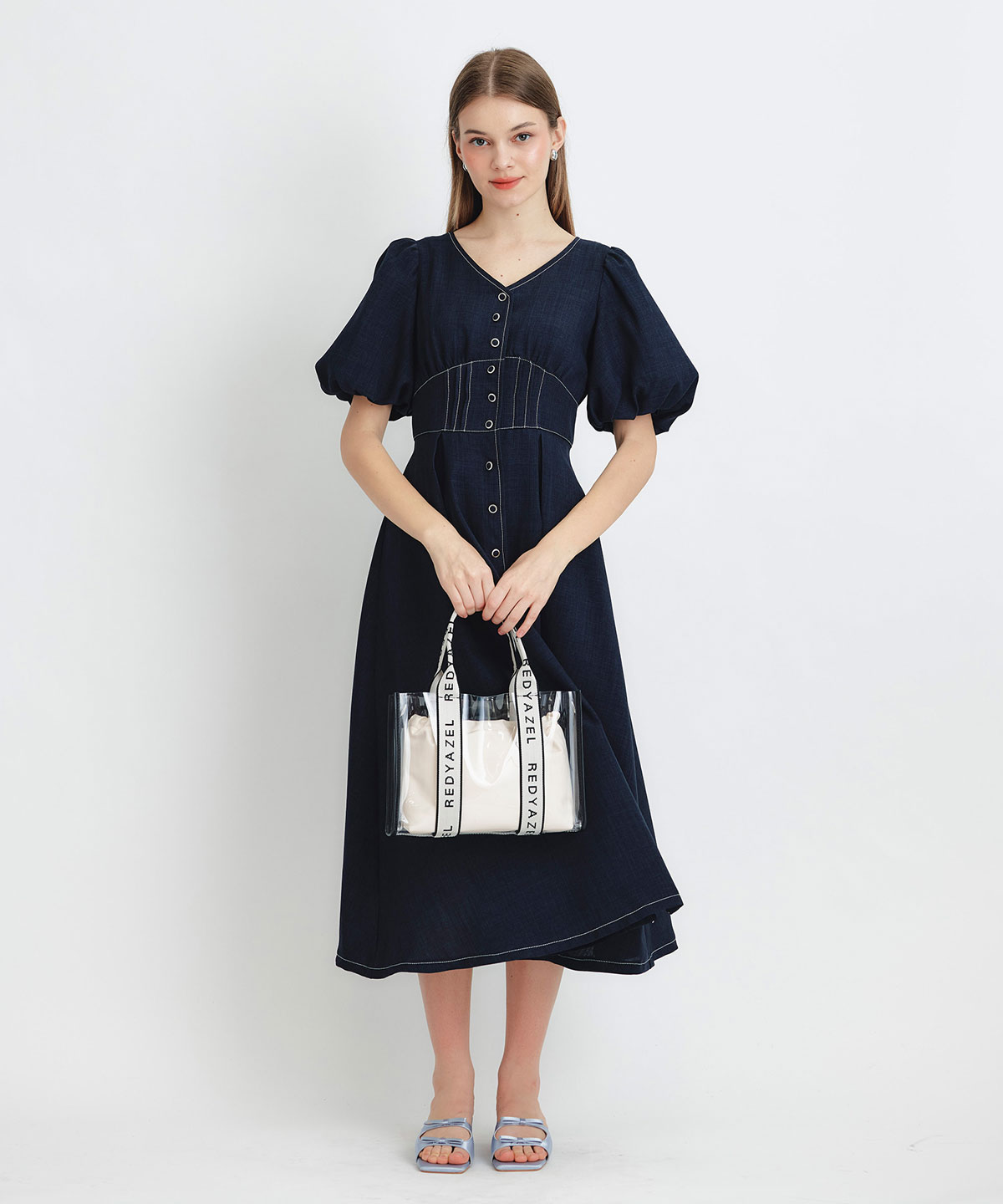 コルセットバルーンスリーブフレアロングワンピース