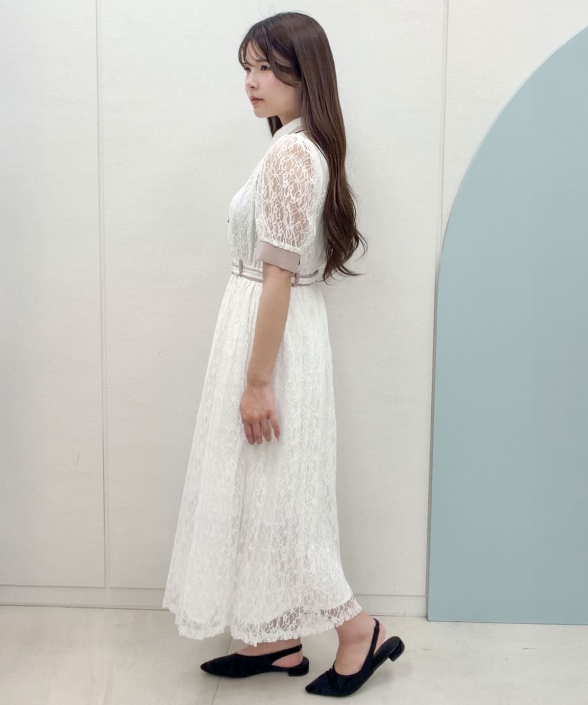 レースバイカラープリーツロングワンピース