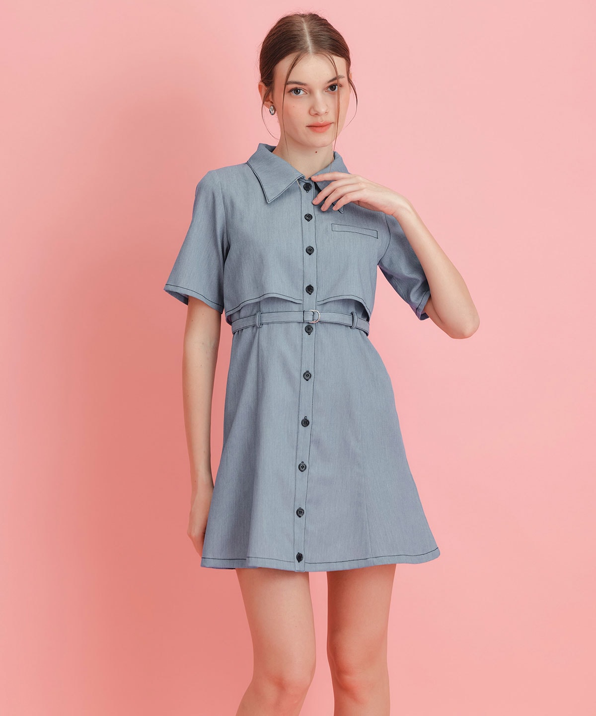 レイヤードライクコントラストフレアミニワンピース