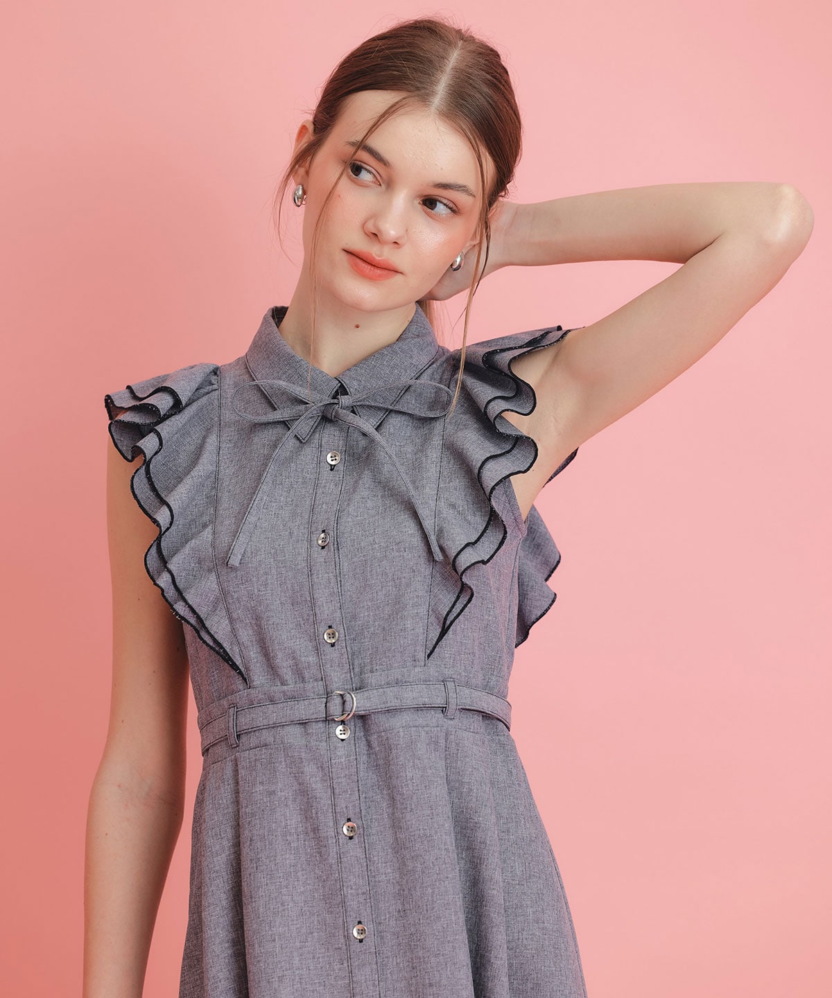 フリルシャツフレアロングワンピース