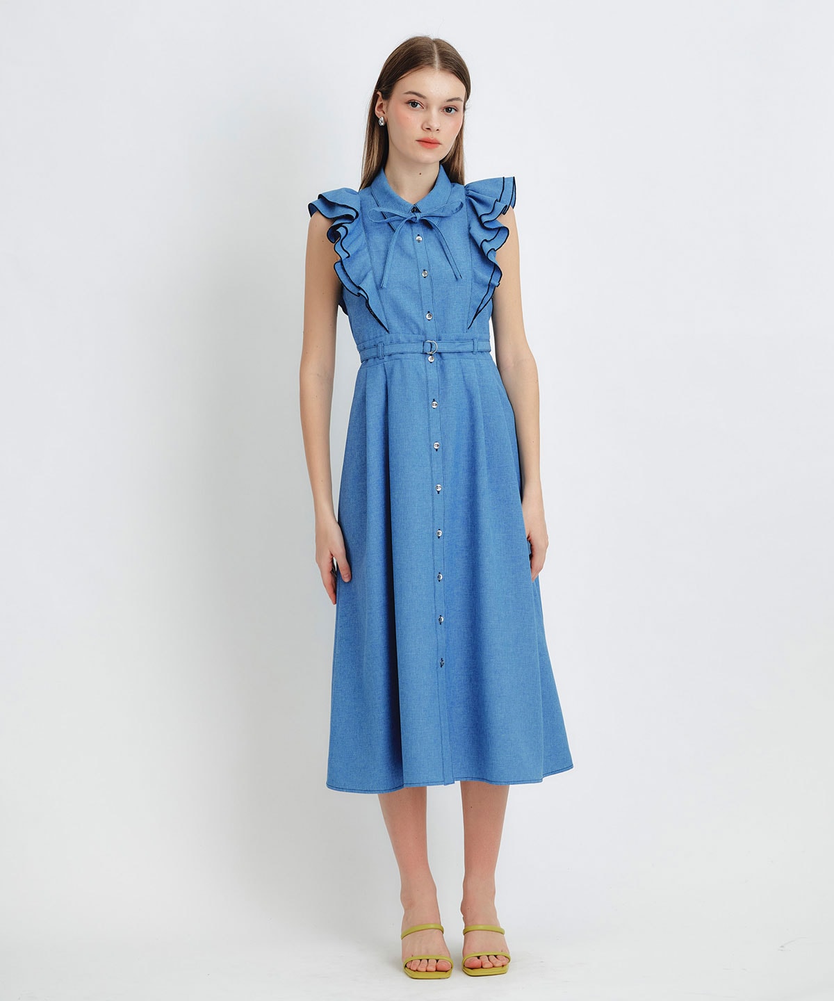 フリルシャツフレアロングワンピース