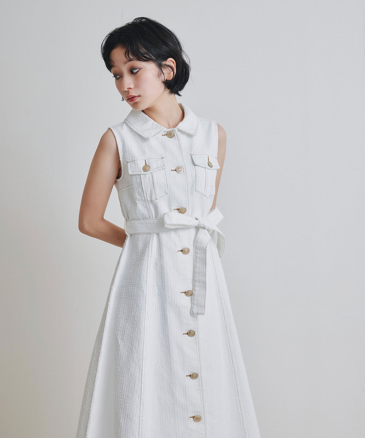 レーザーカットデニムロングシャツワンピース