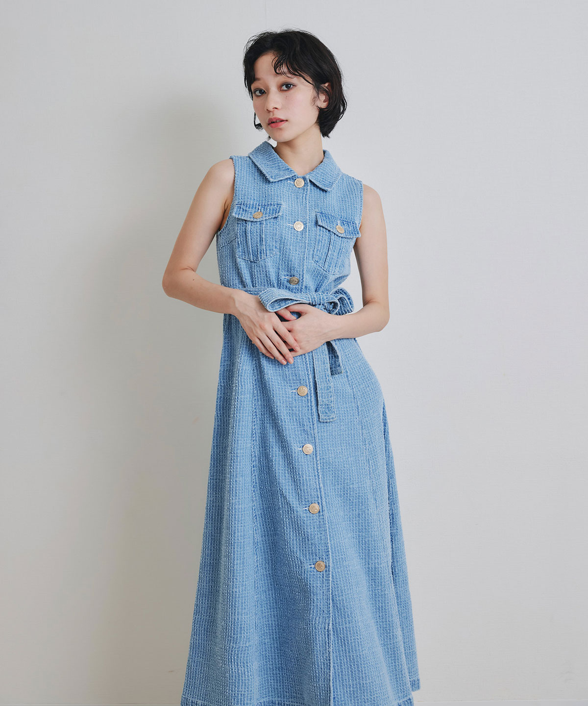レーザーカットデニムロングシャツワンピース
