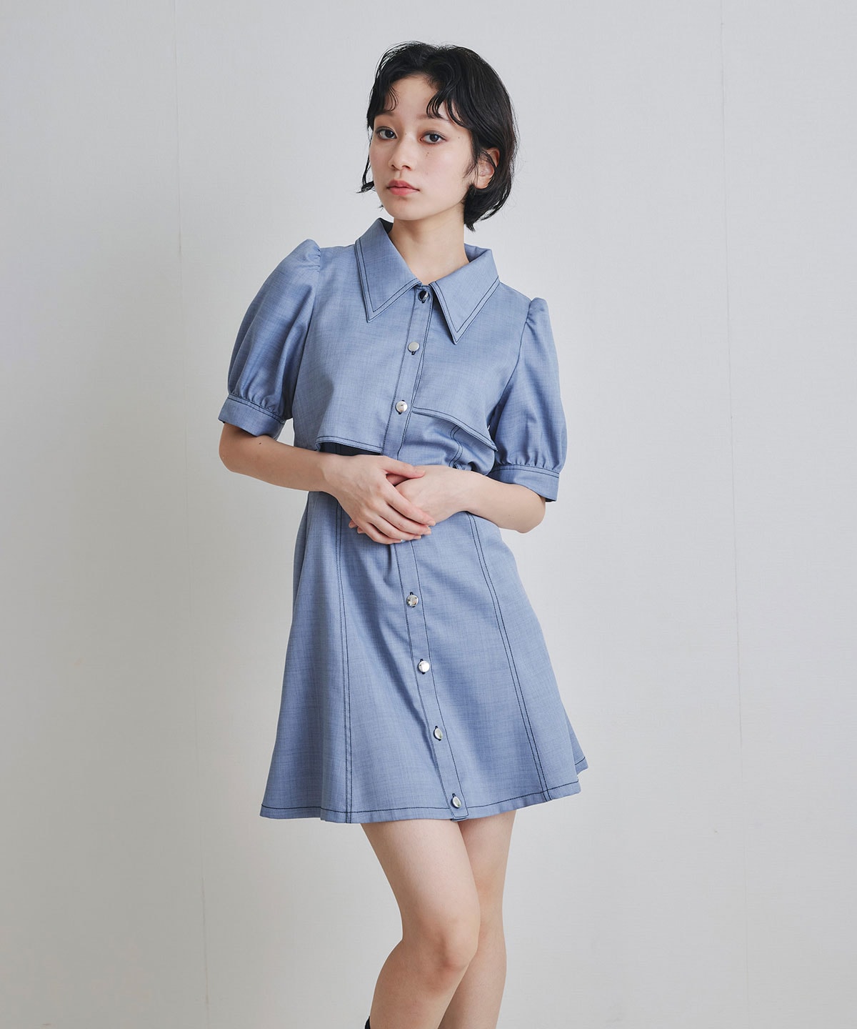 ステッチバイカラーレイヤードフレアミニワンピース