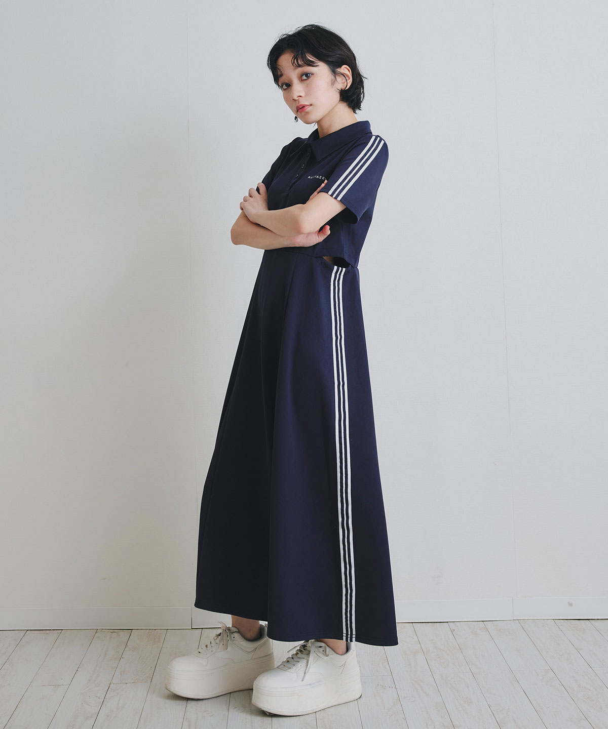 ライン2WAYサイドカットロングフレアワンピース