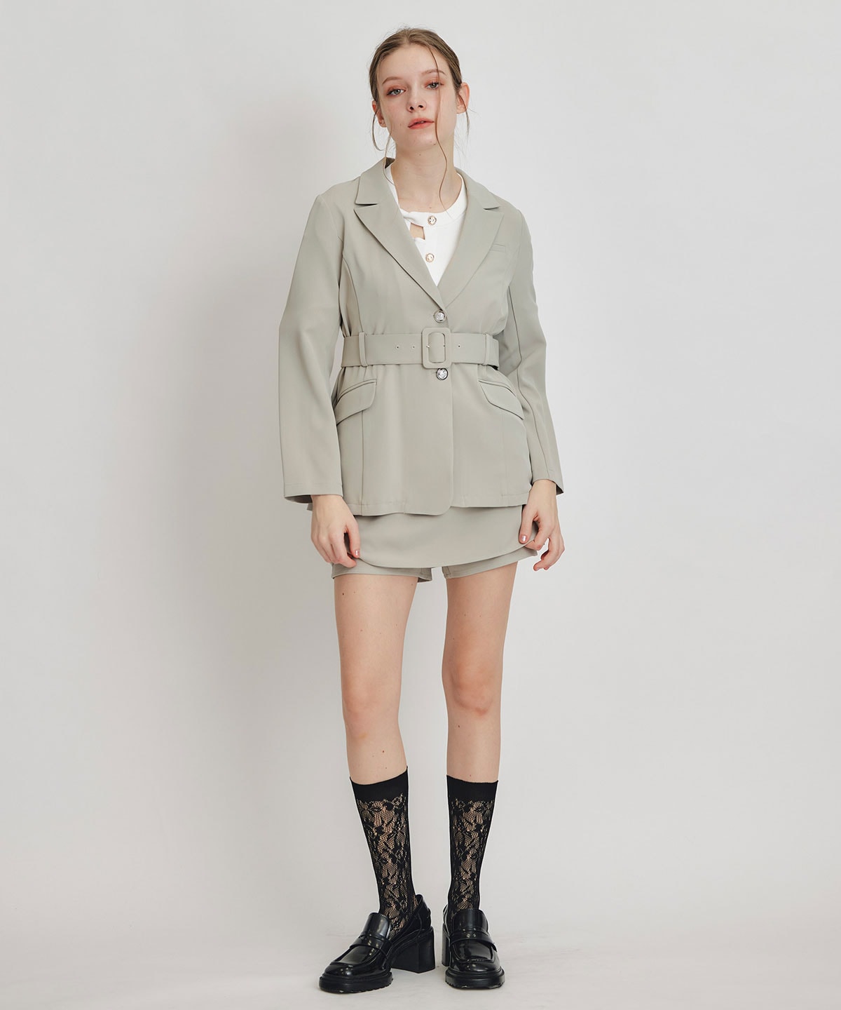 【セットアップ可能】アイシーカラーウエストマークベルトテーラードジャケット