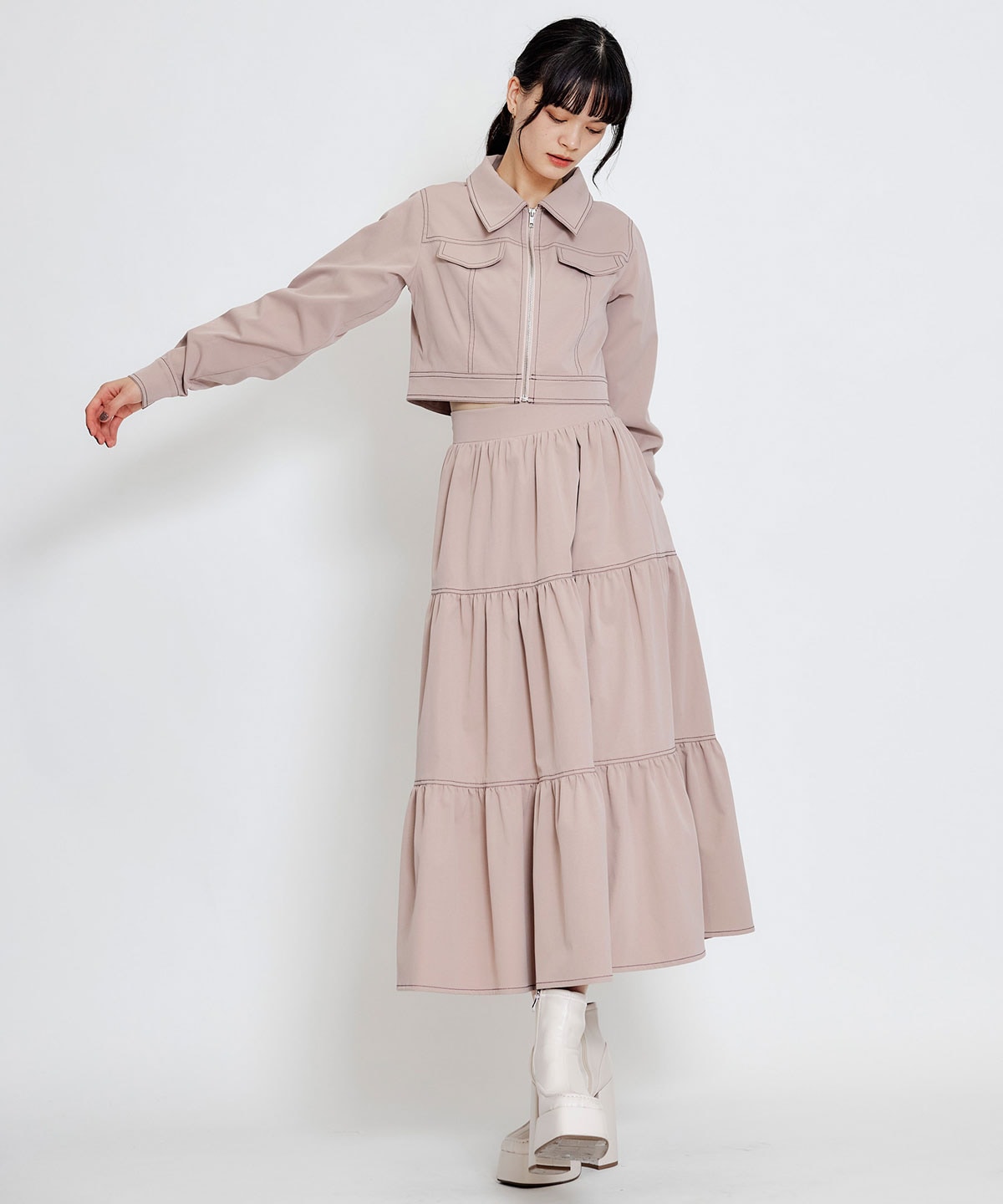 【セットアップ可能】バイカラーステッチショートジャケット