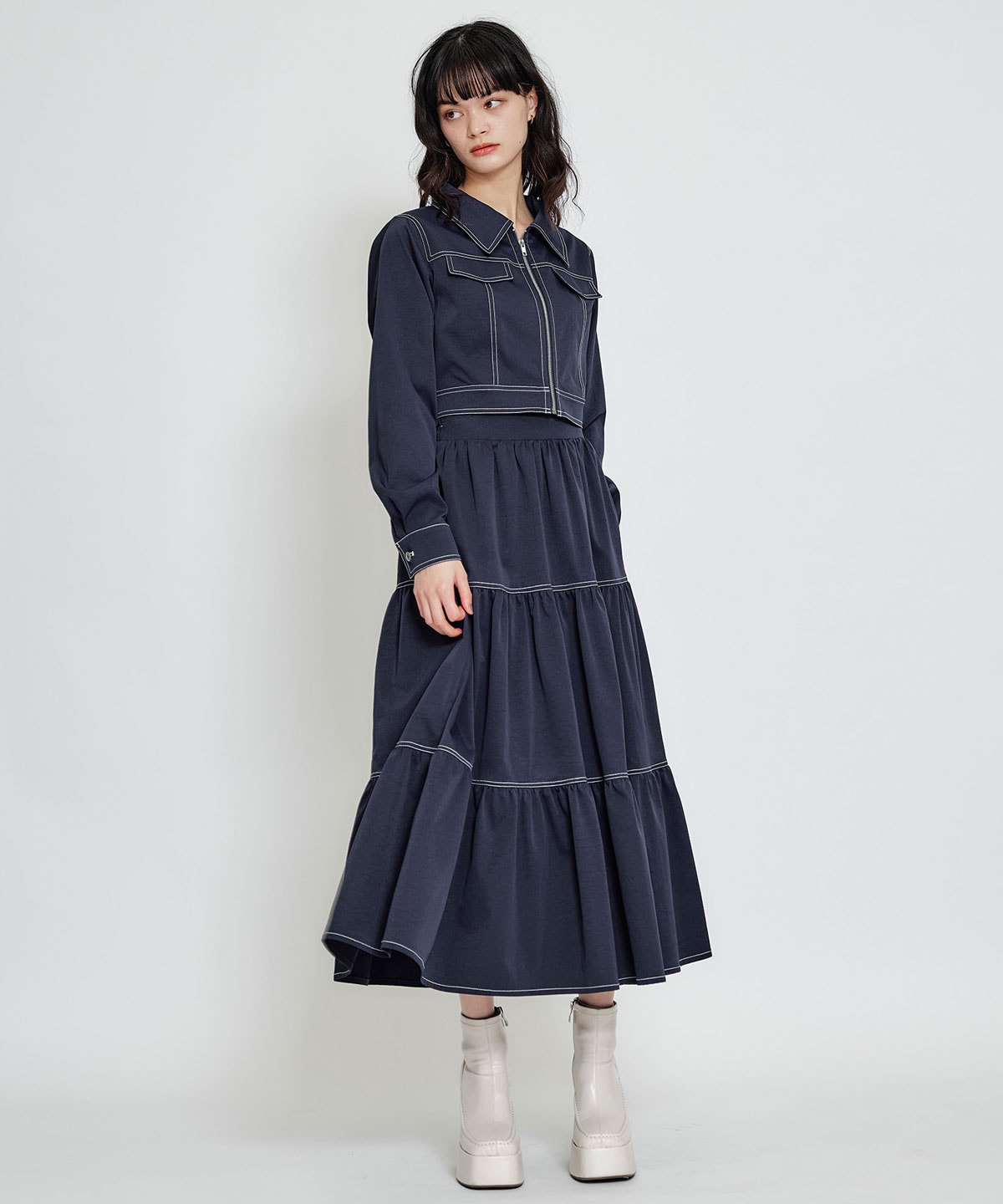 【セットアップ可能】バイカラーステッチショートジャケット