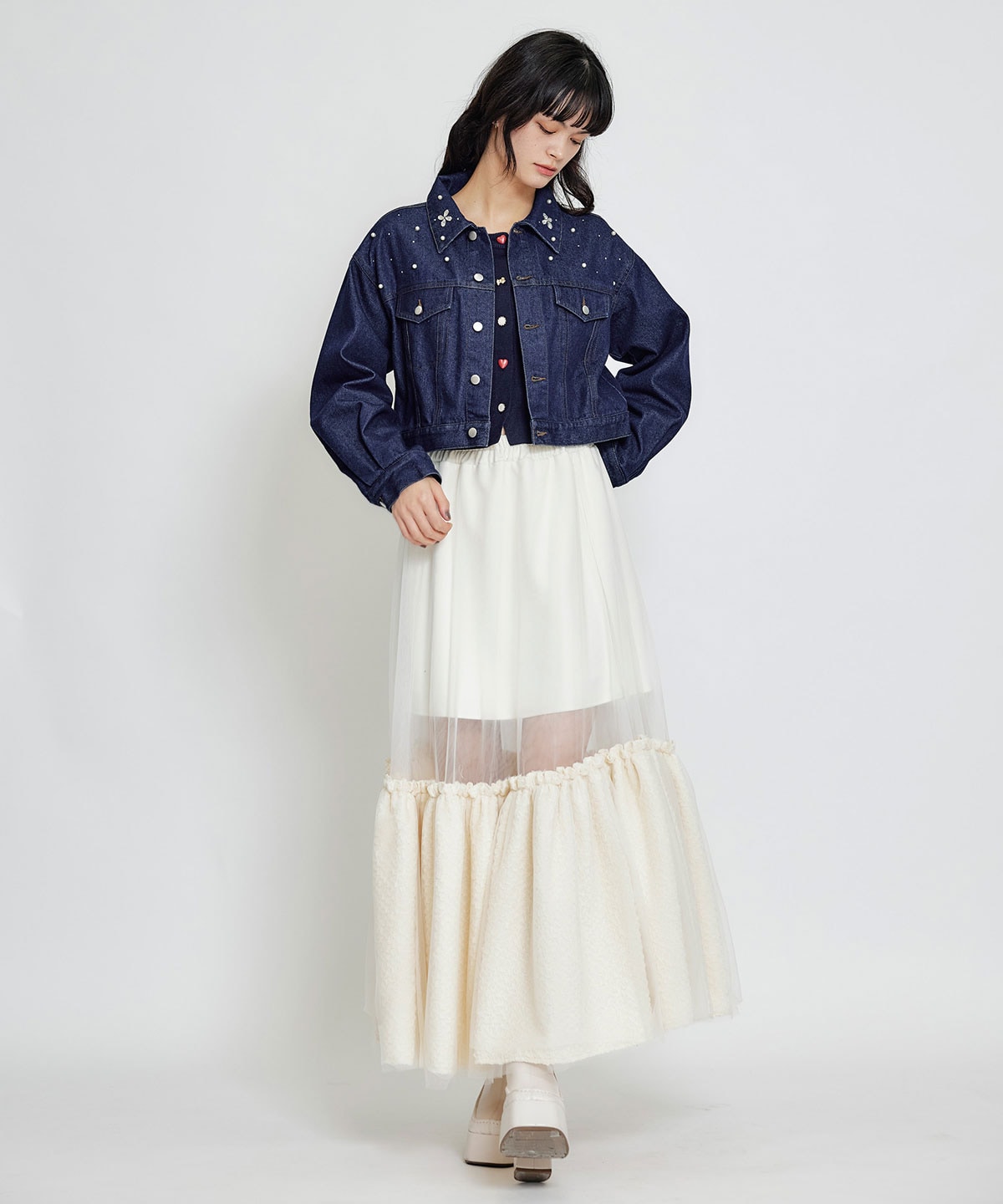 フラワービジューパールデニムジャケット