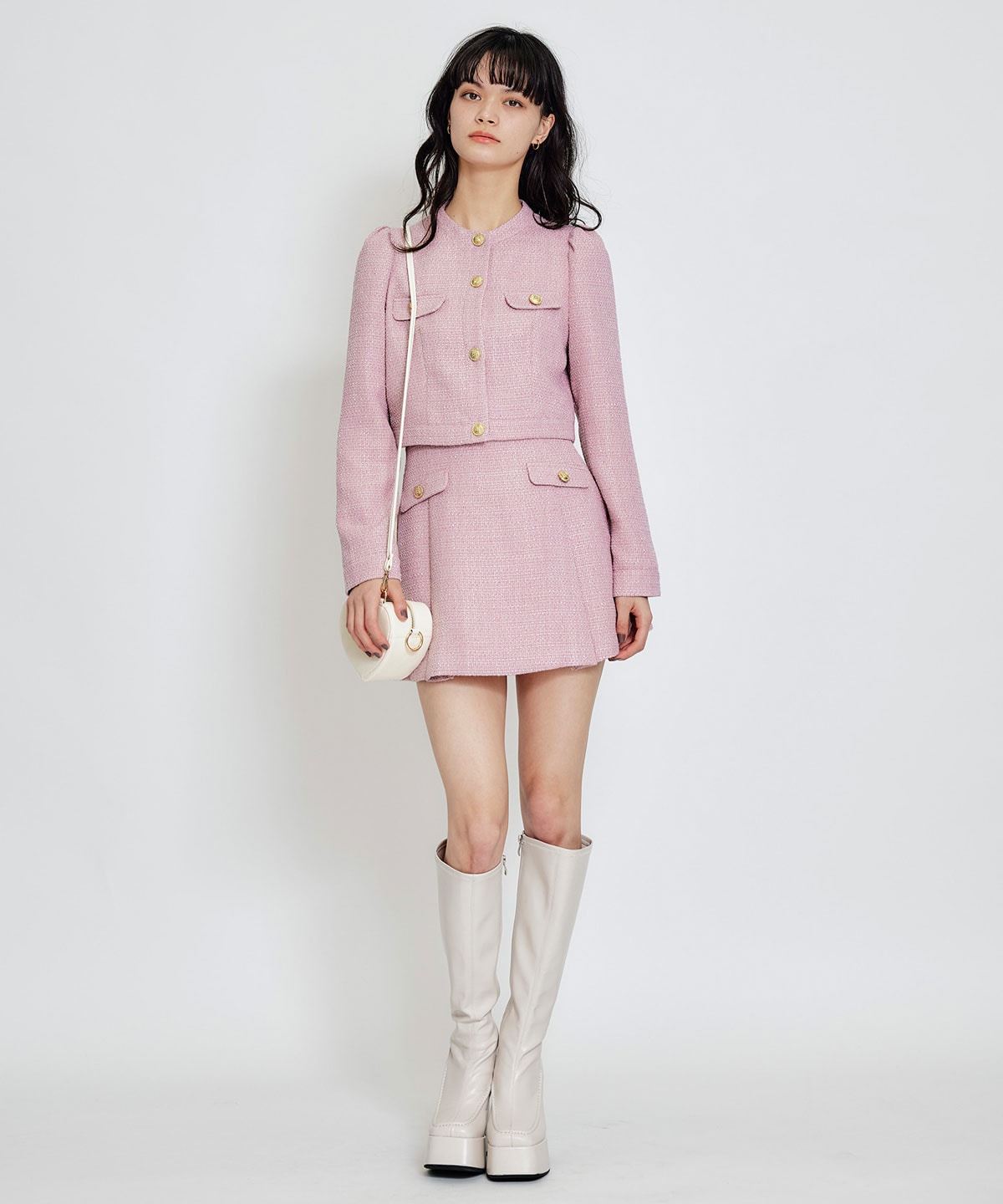 【セットアップ可能】スプリングツイードノーカラージャケット