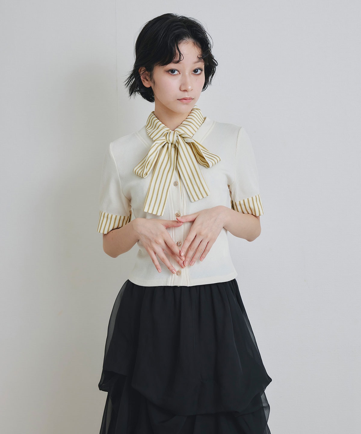 ストライプリボンタイレイヤードニットトップス
