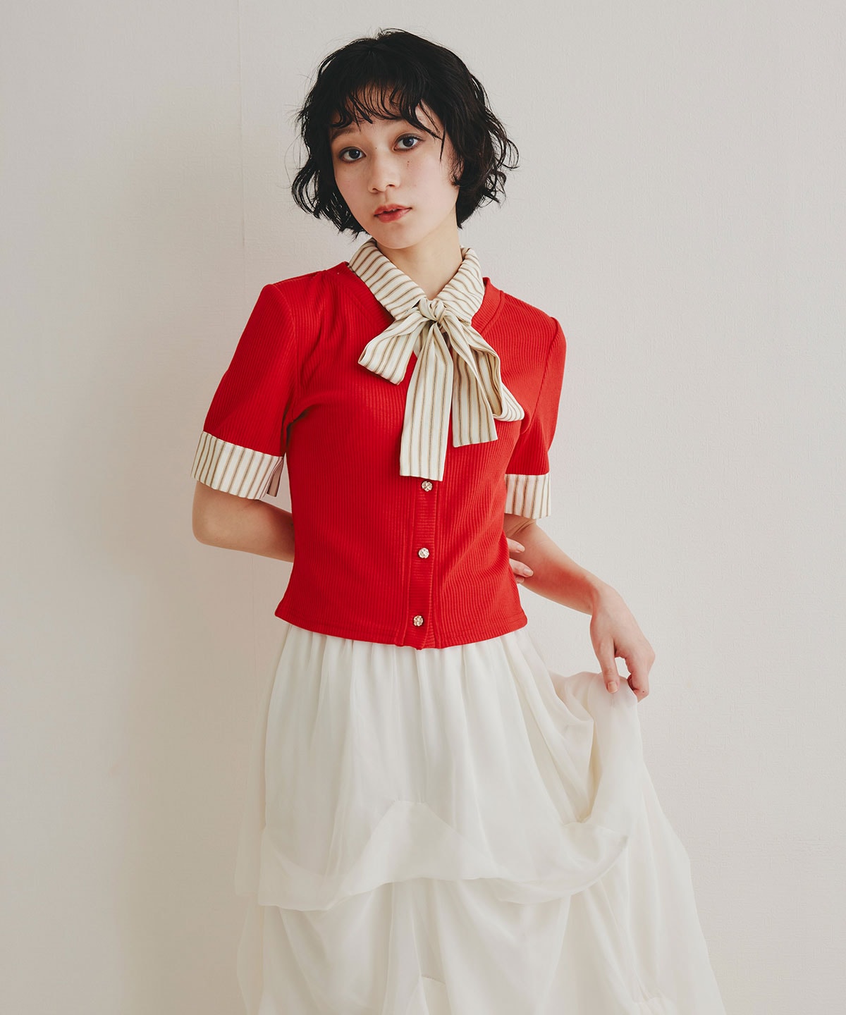 ストライプリボンタイレイヤードニットトップス