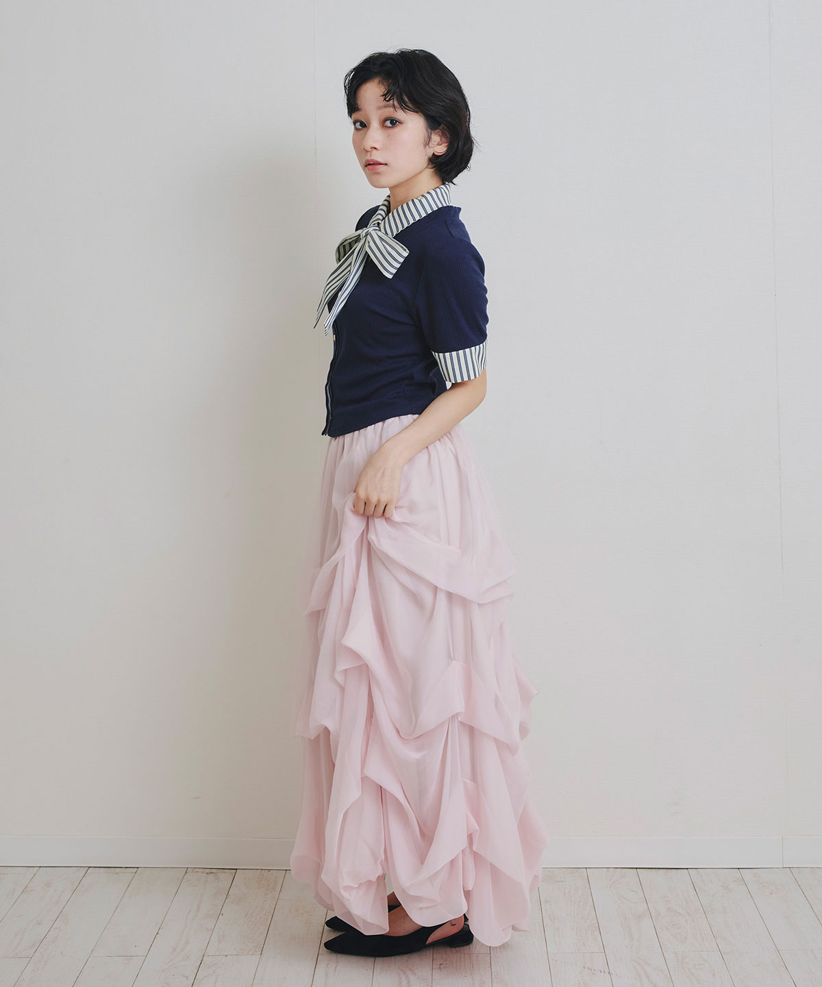 ストライプリボンタイレイヤードニットトップス