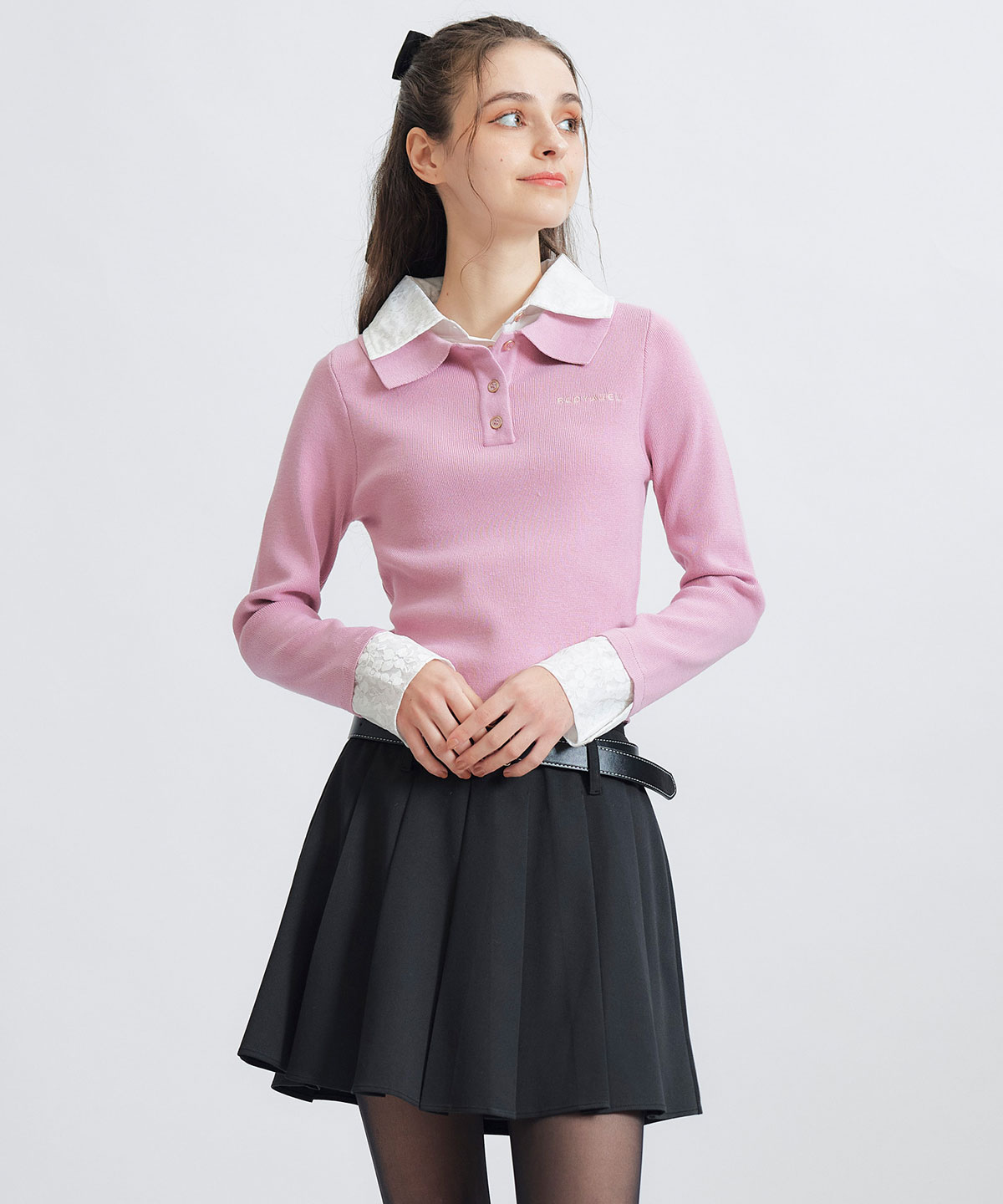 ダブルレースカラーポロニットプルオーバー