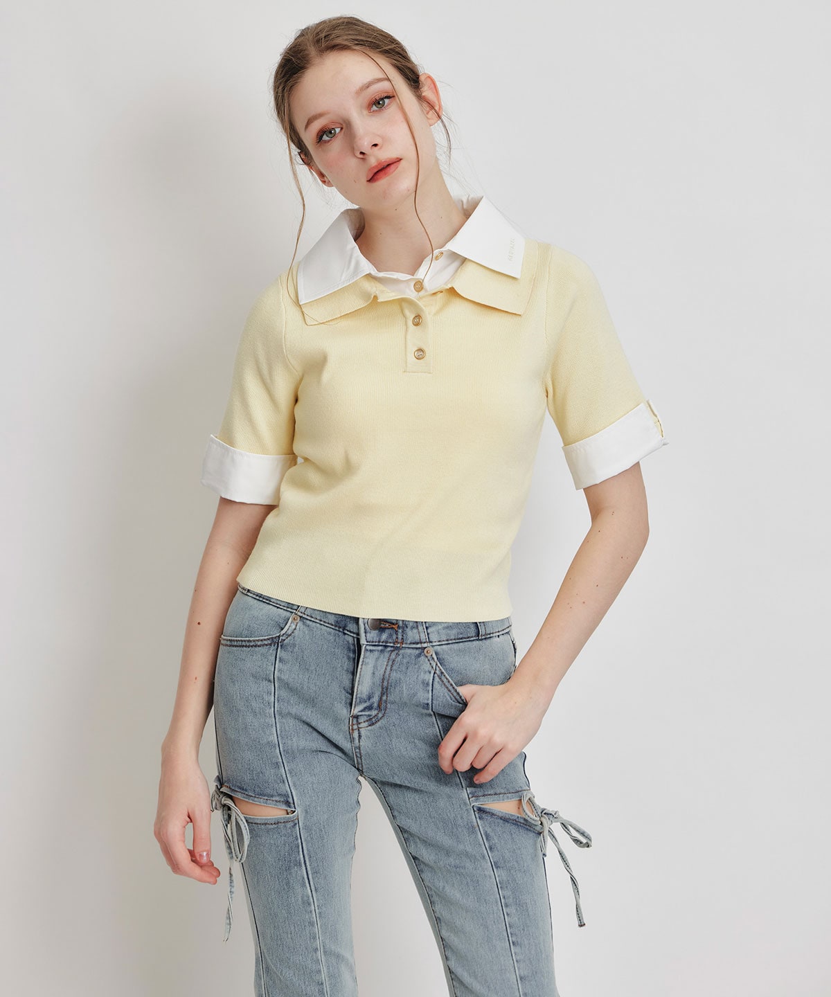 ダブルカラーハーフスリーブニットプルオーバー