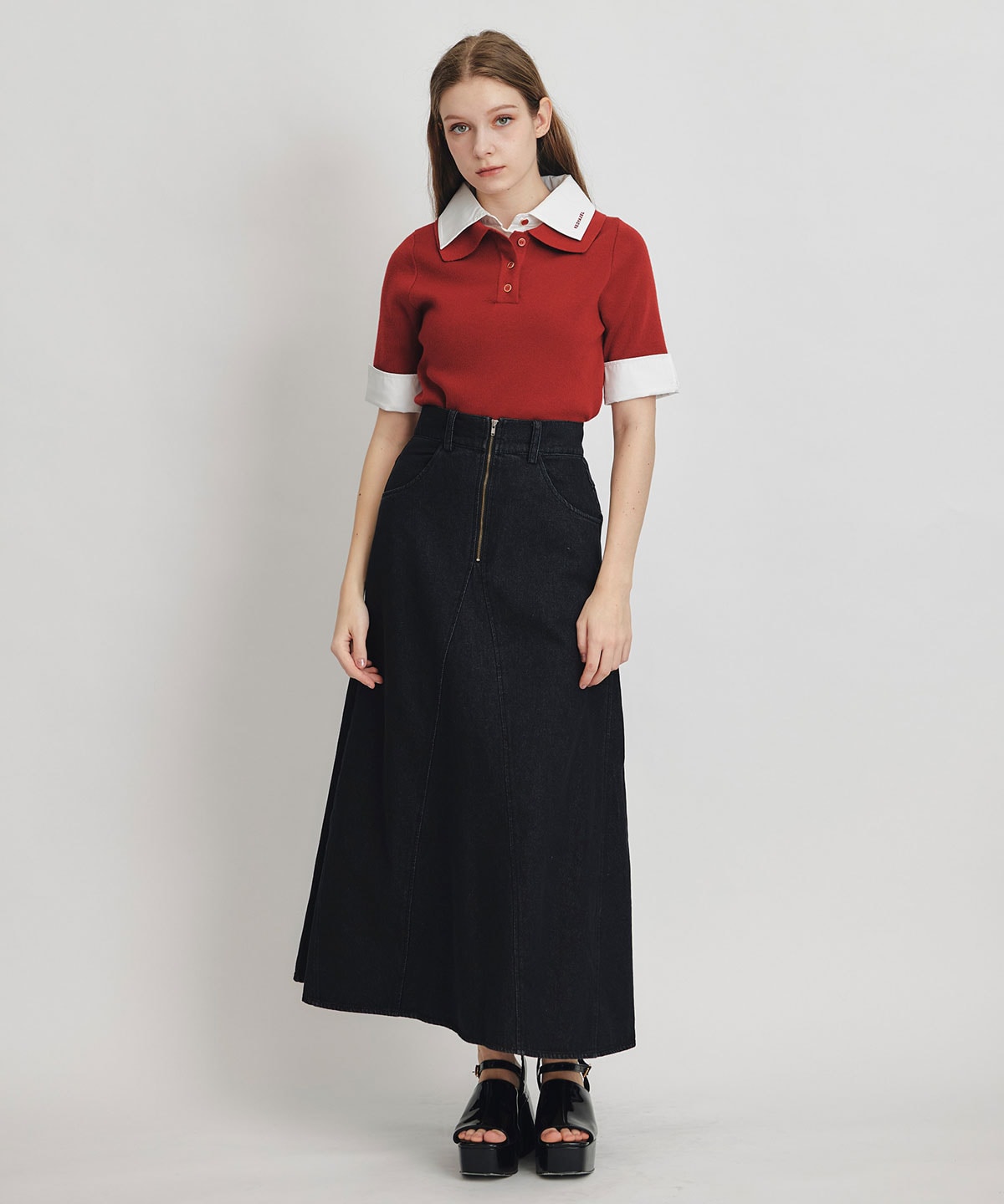 ダブルカラーハーフスリーブニットプルオーバー