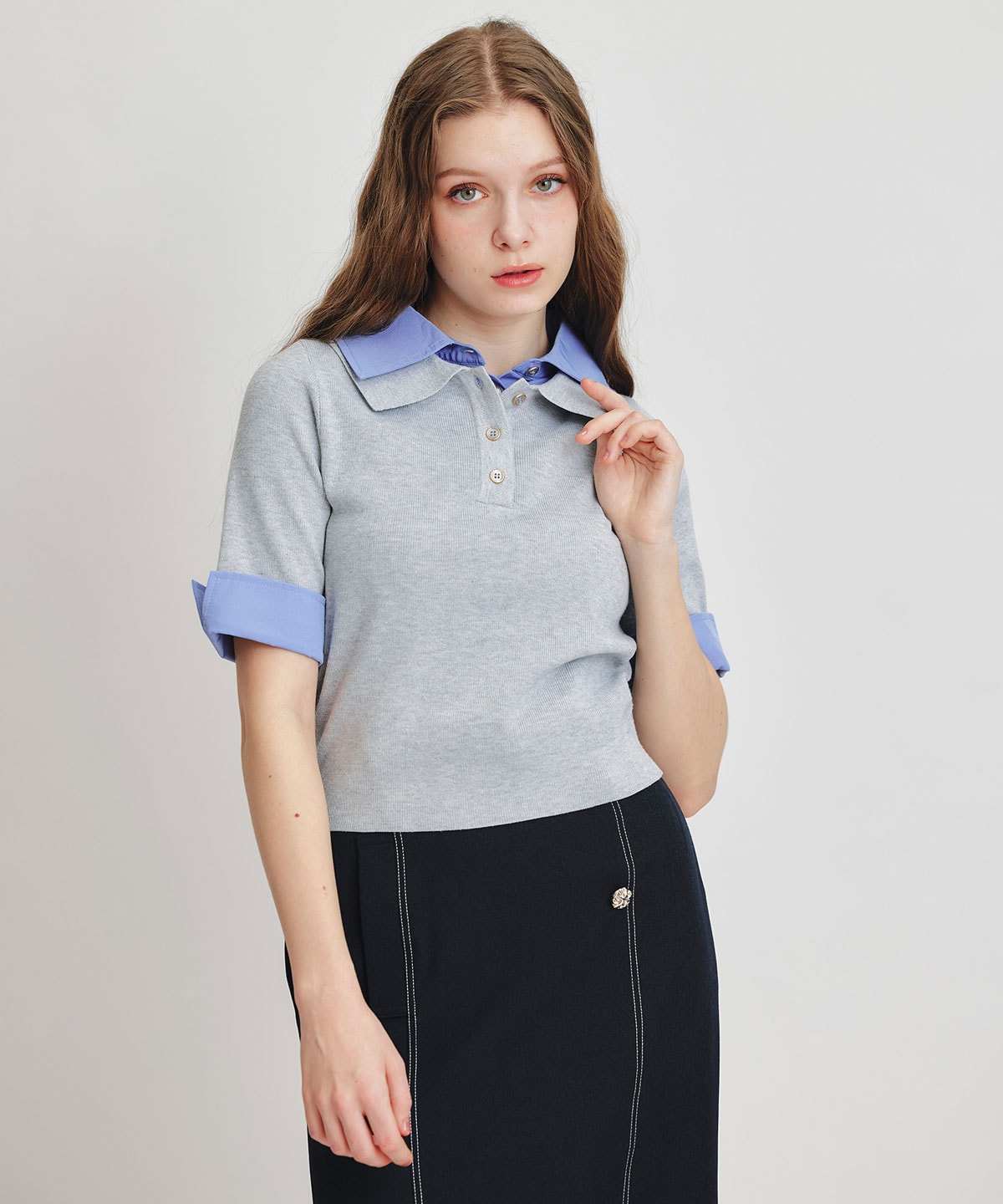 ダブルカラーハーフスリーブニットプルオーバー