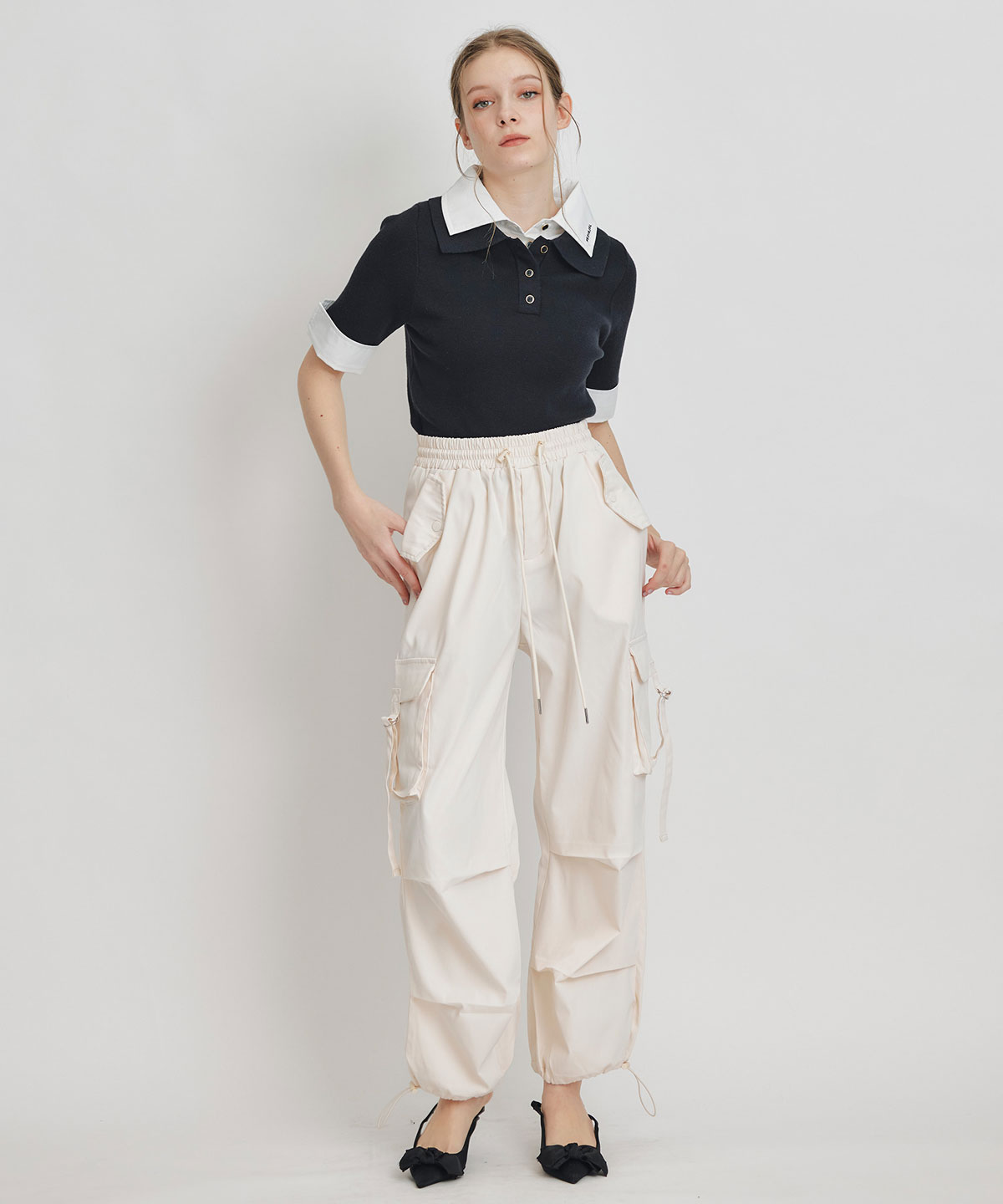 ダブルカラーハーフスリーブニットプルオーバー