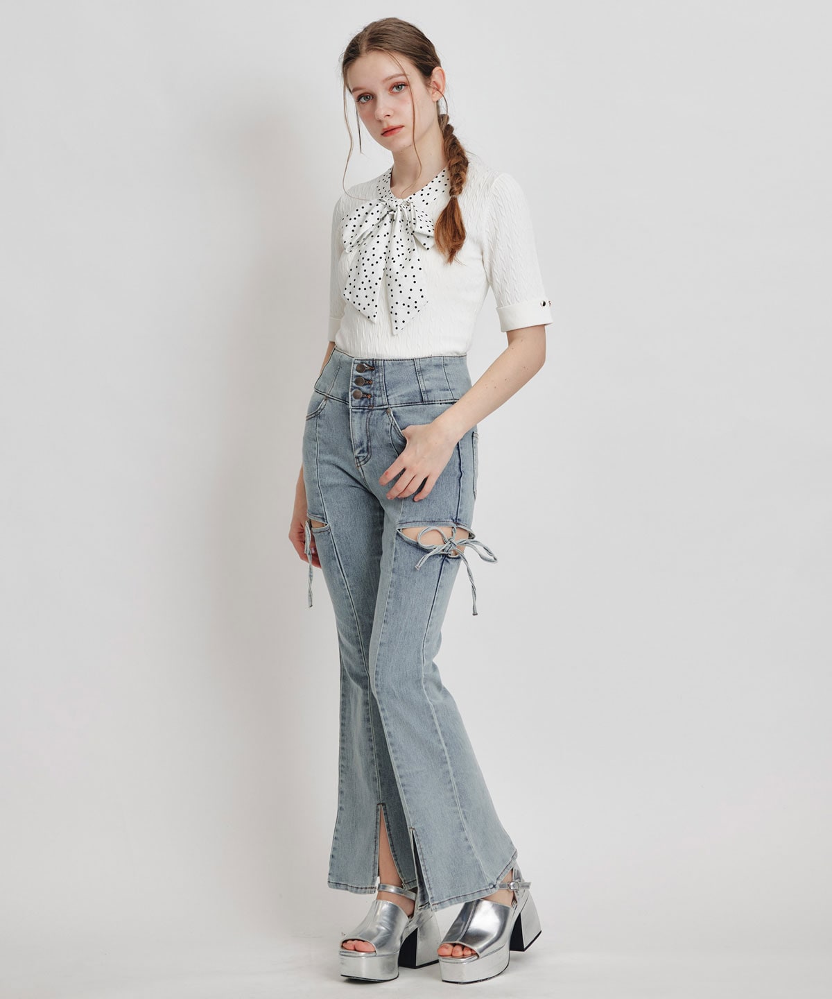 ケーブルリボンタイハーフスリーブニットプルオーバー