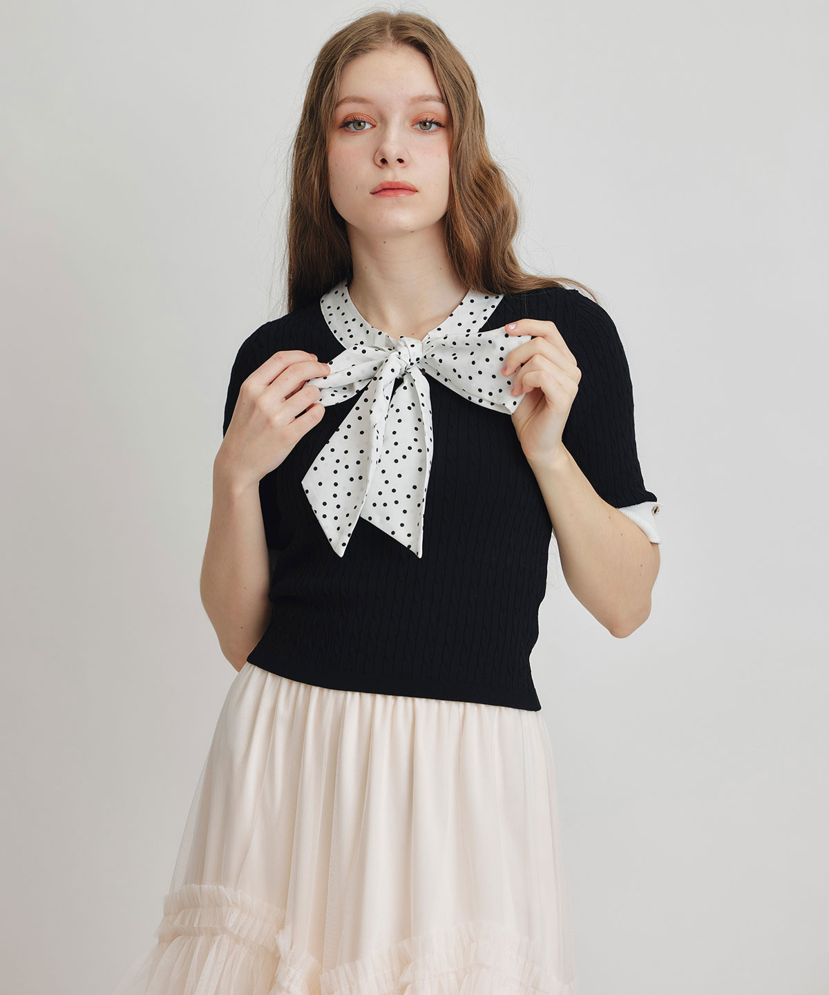 ケーブルリボンタイハーフスリーブニットプルオーバー