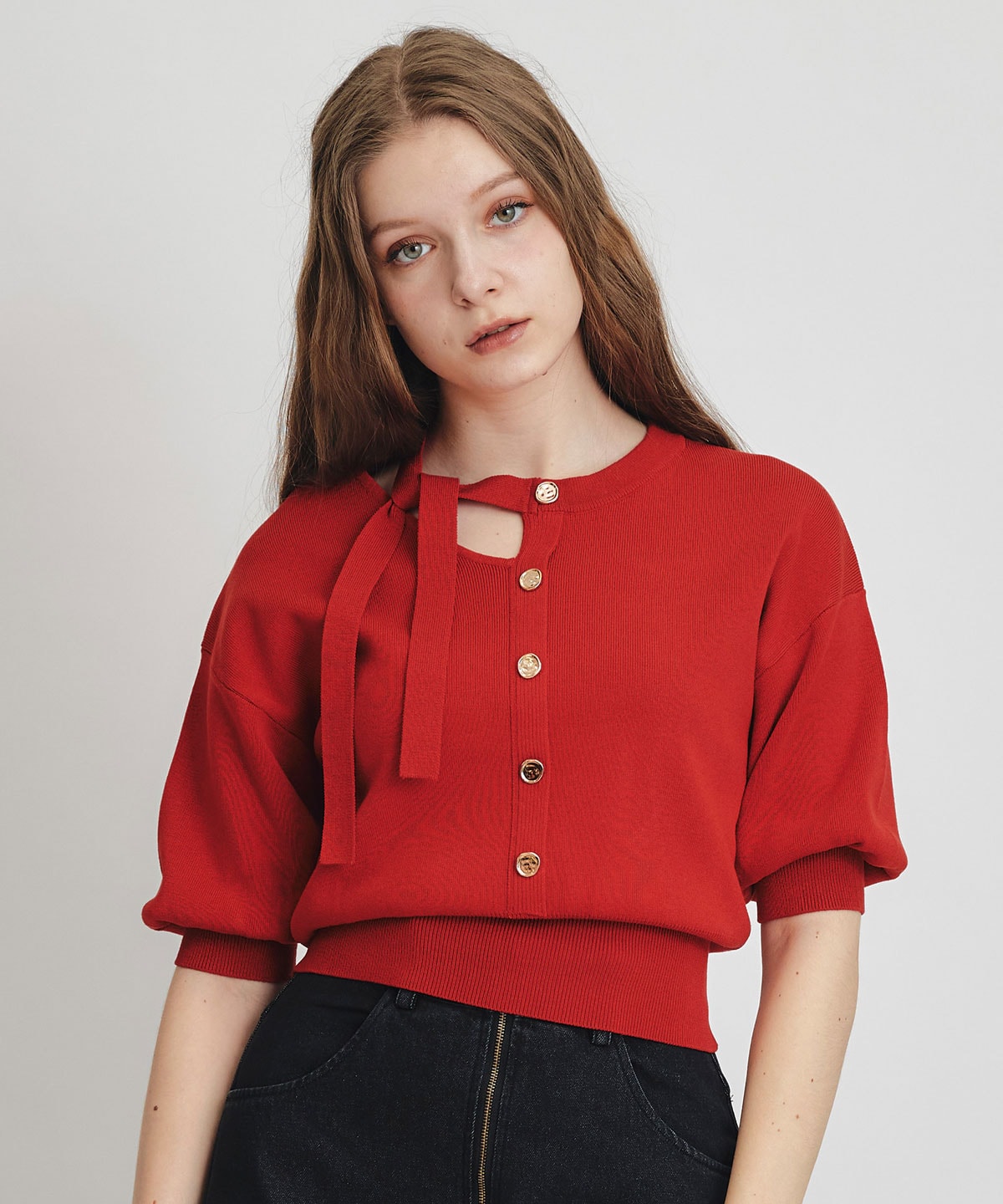 アシメカットデザインハーフスリーブニットプルオーバー