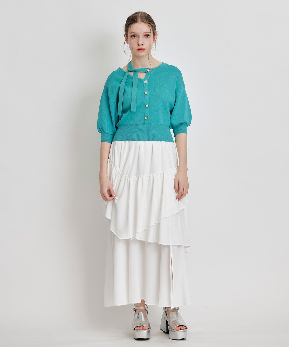 アシメカットデザインハーフスリーブニットプルオーバー