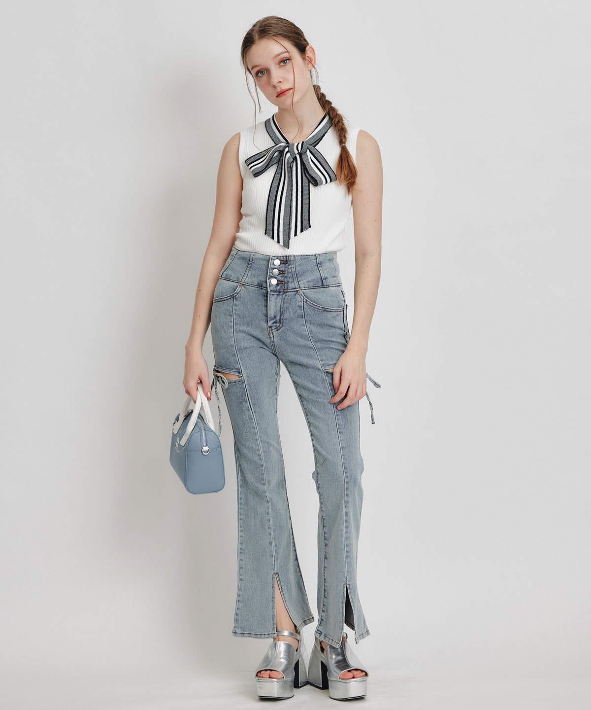 ストライプリボンタイリブニットノースリーブ