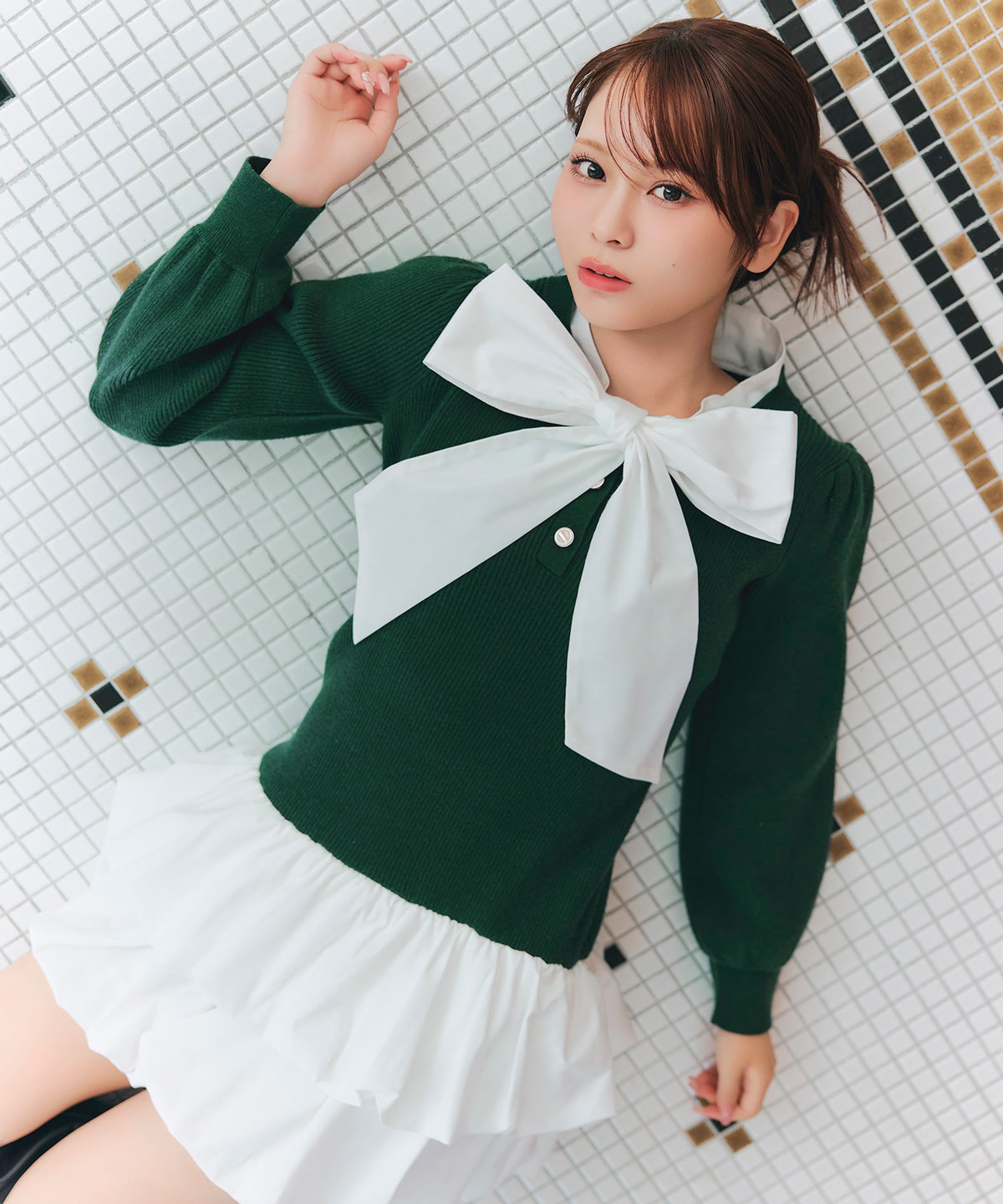 【=LOVE 大場花菜さん着用】ビッグリボンティアードニットシャツミニワンピース