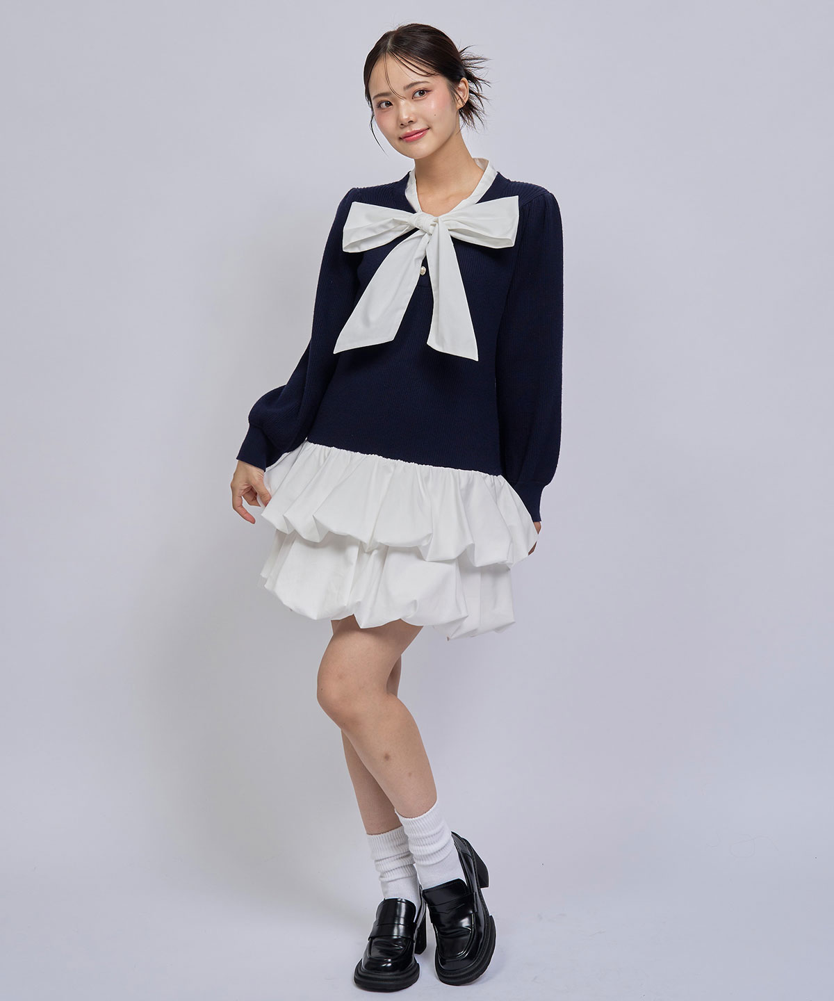 【=LOVE 大場花菜さん着用】ビッグリボンティアードニットシャツミニワンピース