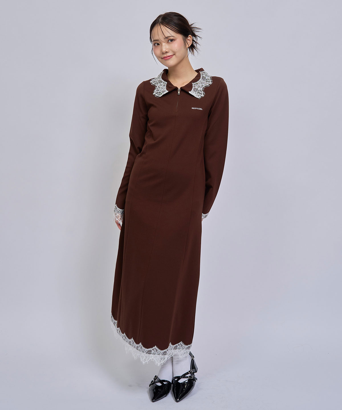 レーストリムハーフZIPポロカットロングワンピース