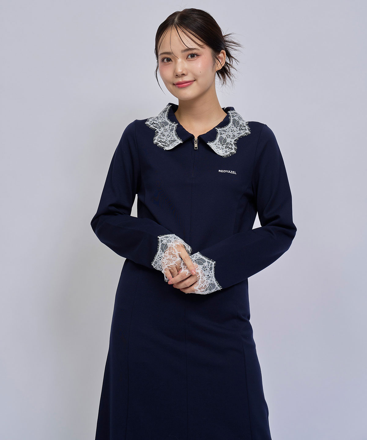 レーストリムハーフZIPポロカットロングワンピース