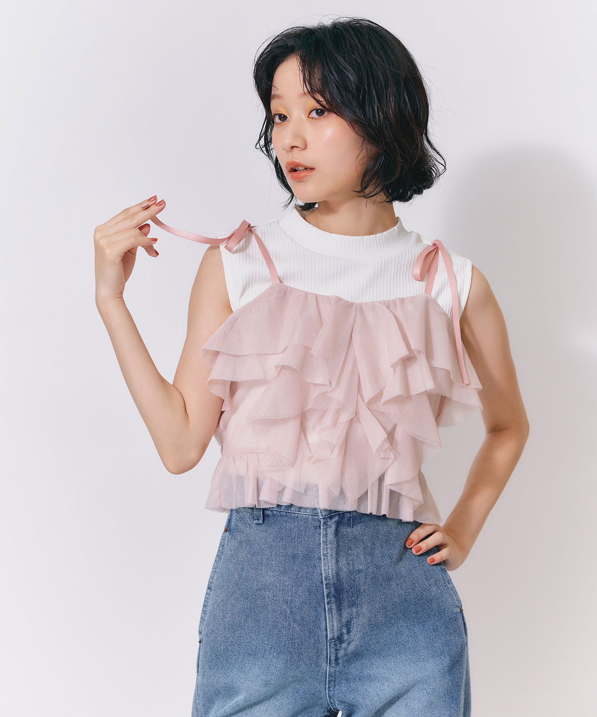 ショルダーリボンビスチェ×ノースリーブニット