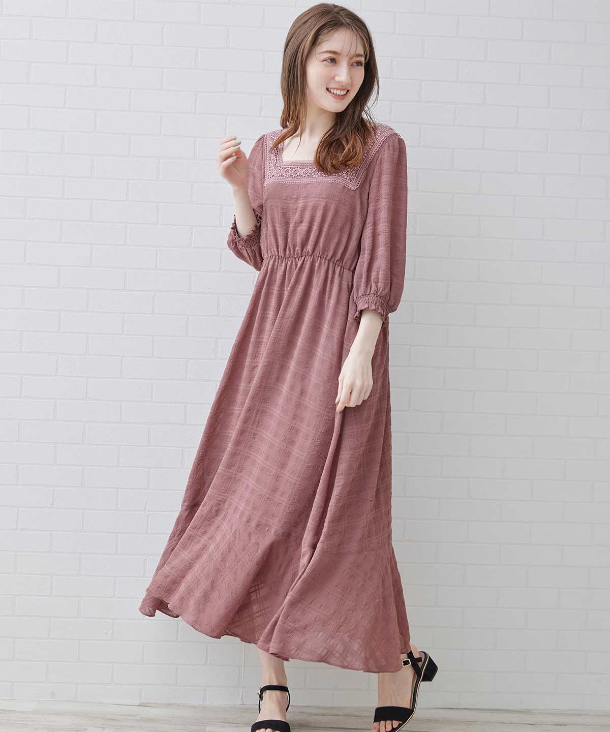 ドビーチェックスクエアネックワンピース M ピンク Swingle 公式オンラインショップ バーンデストローズ