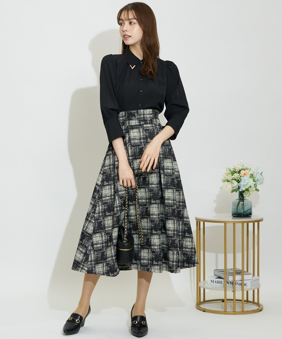 アートチェックタックフレアスカート