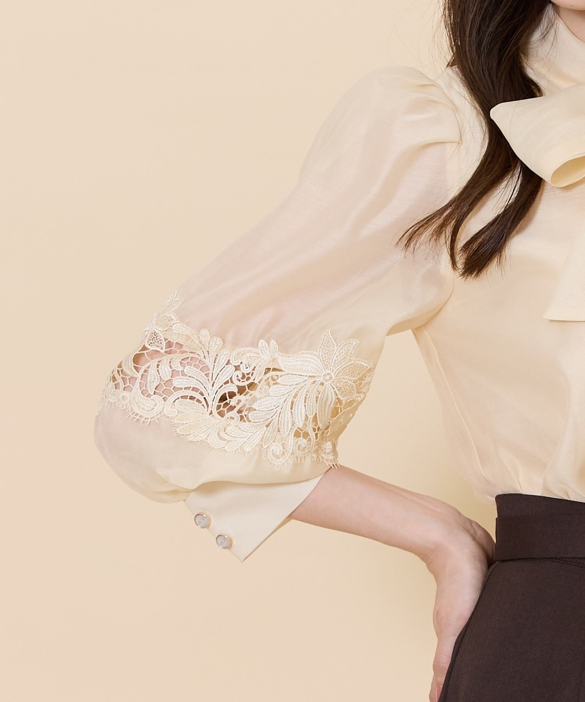 レース切替スリーブシアーボウタイブラウス