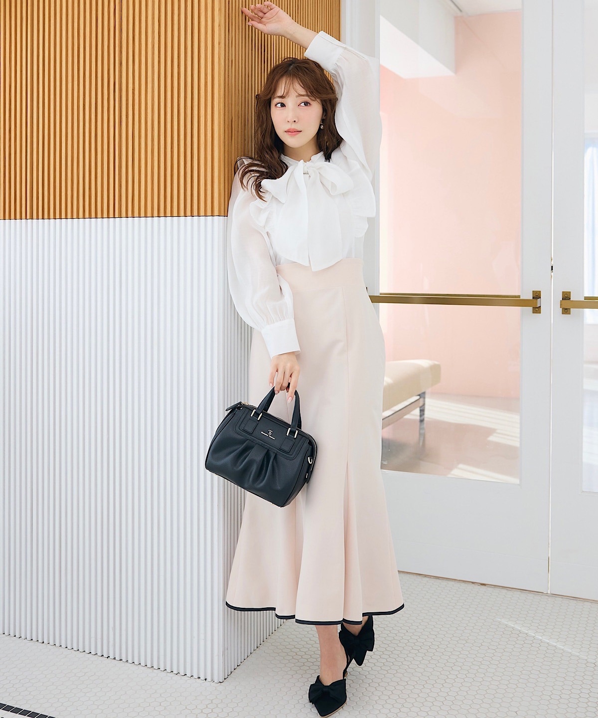 クレープフリルボウタイブラウス