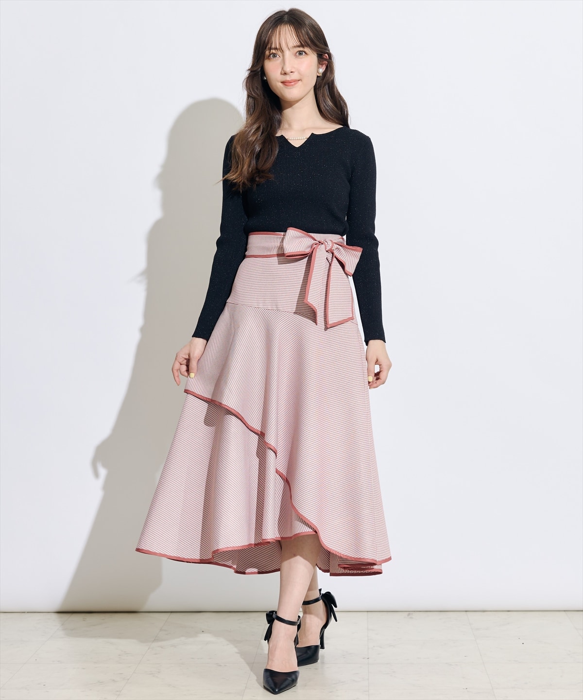 リボンベルトアシメフレアパイピングスカート