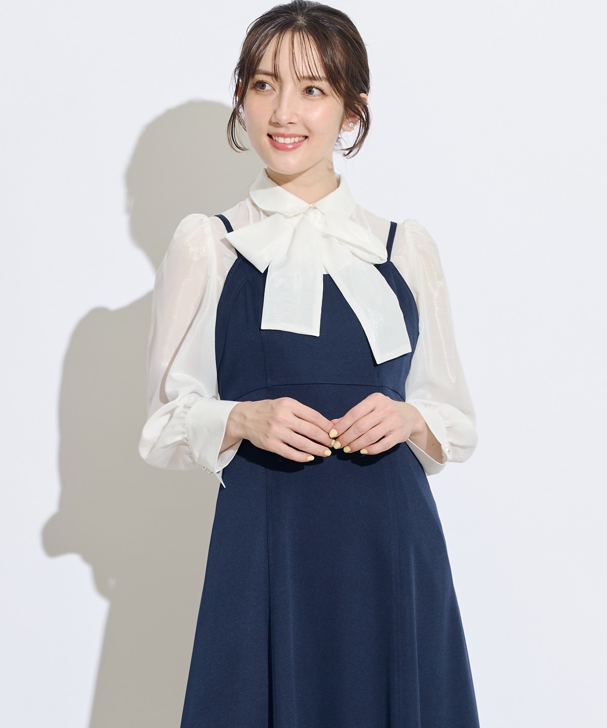 2WAYボウタイブライトシアーシャツレイヤードキャミワンピース