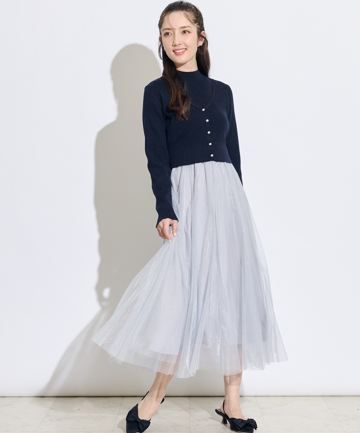 【展示会3位】カーディガンアンサンブルラメニットドッキングワンピース