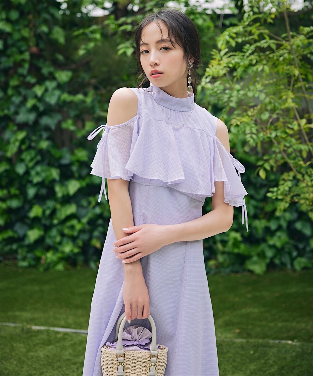 シアーチェックケープオフショルワンピース