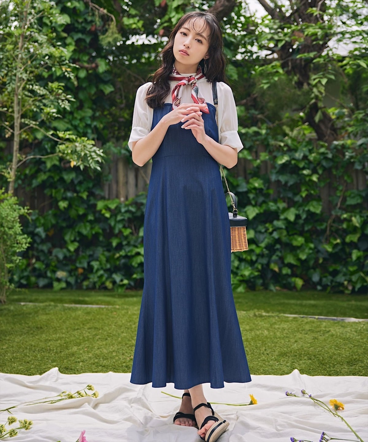 バックリボン異素材ドッキングマーメイドデニムワンピース