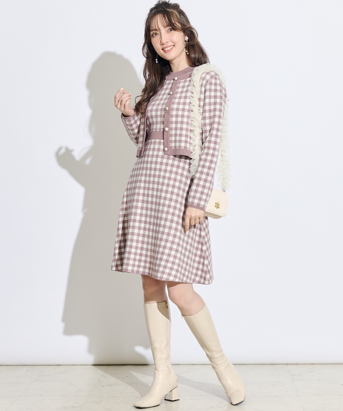 配色ギンガムチェックニットカーディガン