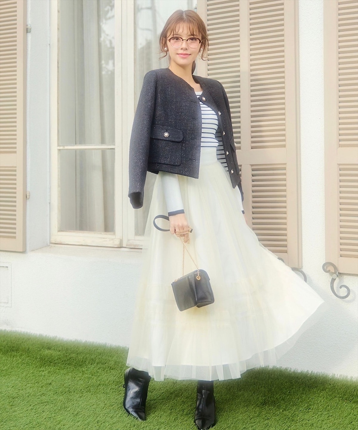 異素材ショルダーリボンスクエアネックニットプルオーバー