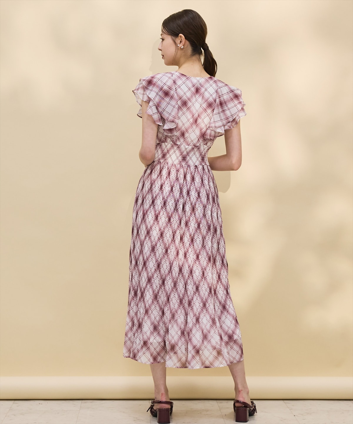 チェックプリーツシフォンワンピース