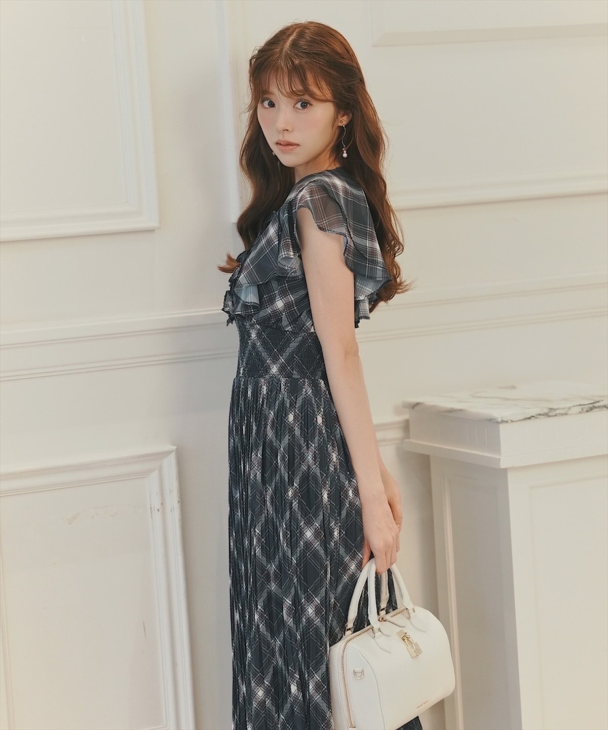 チェックプリーツシフォンワンピース