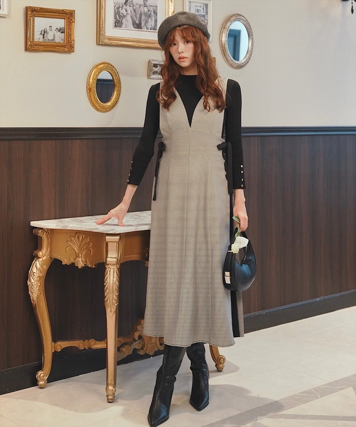 金ボタンモックネックリブニットプルオーバー