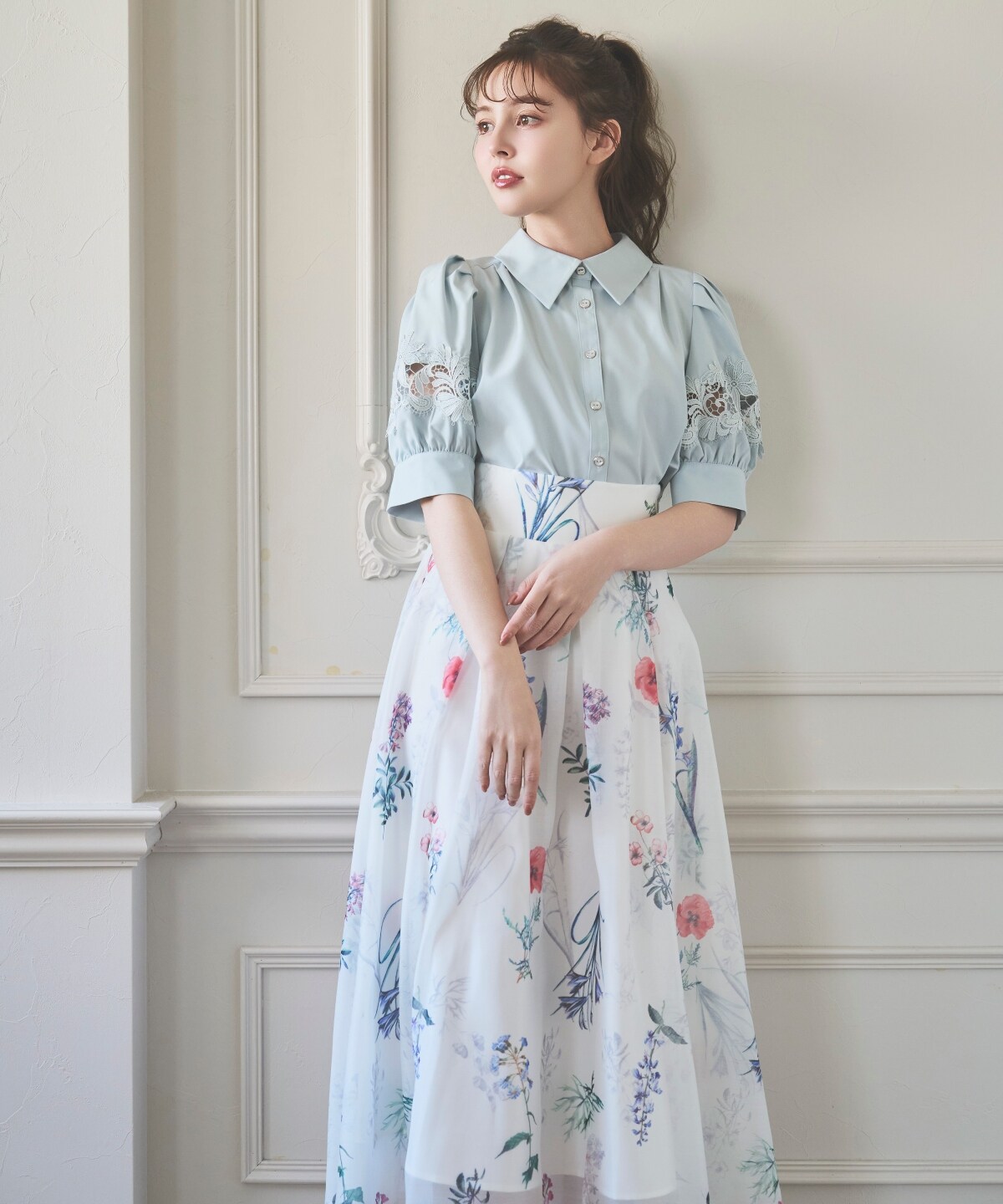 袖レース半袖ブラウス