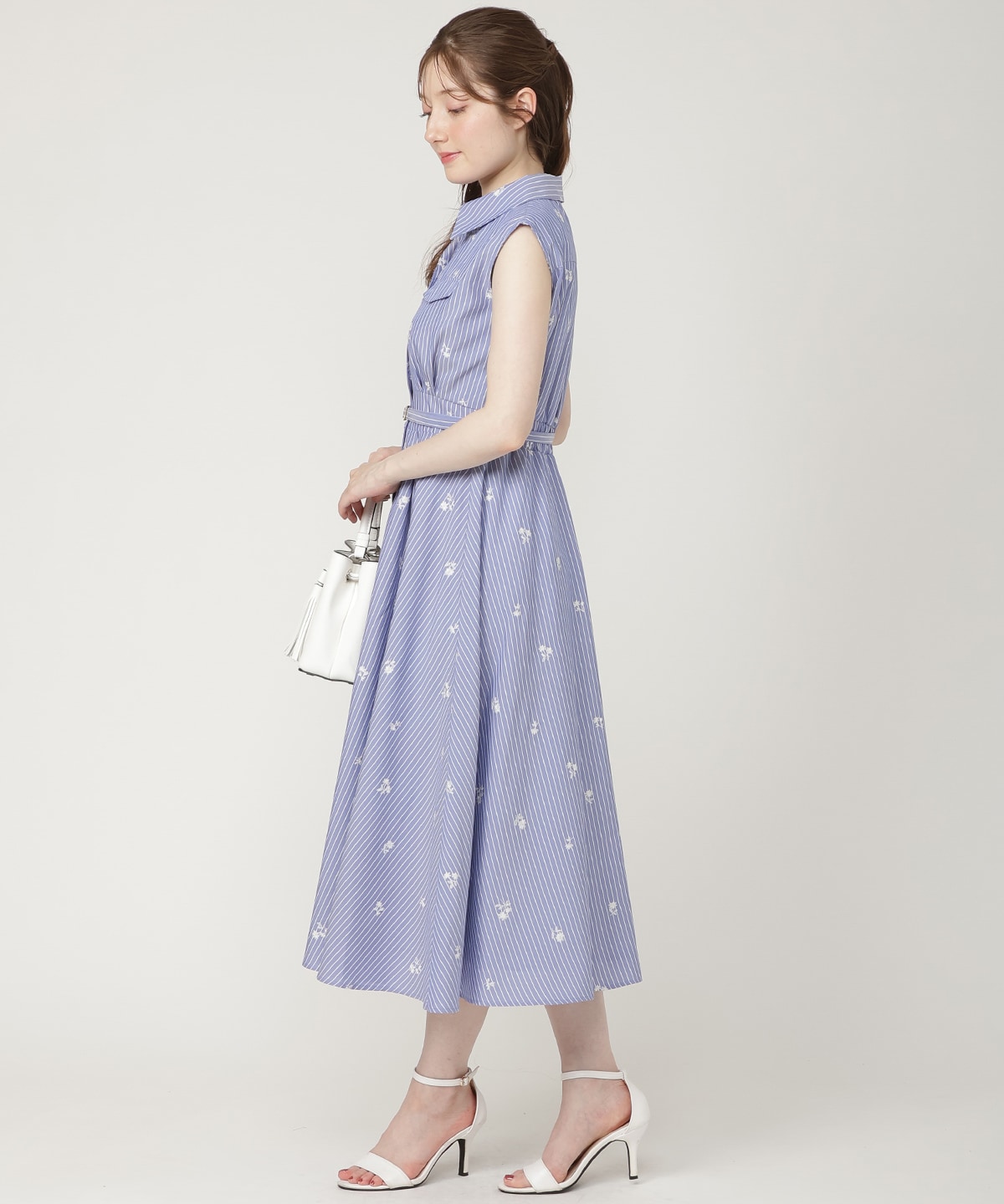 【7/3発売】ストライプ×フラワー刺繍シャツワンピース