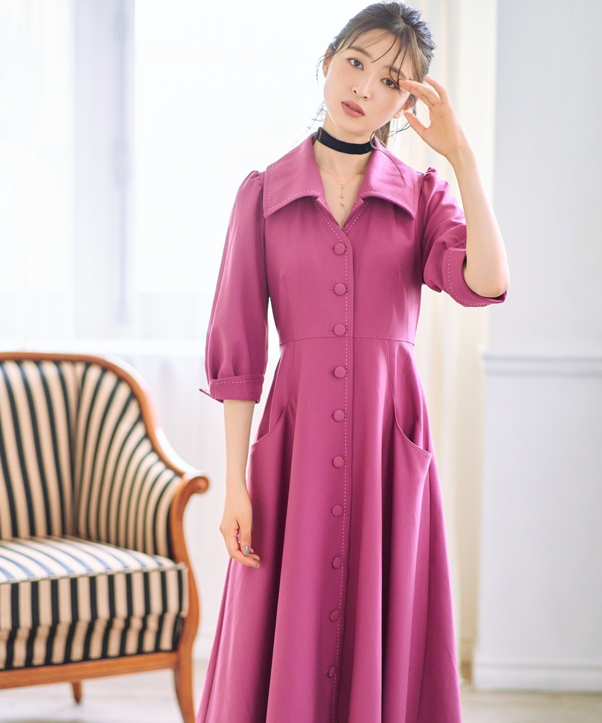 星来コラボ 配色ステッチワンピース M ピンク Willselection 公式オンラインショップ バーンデストローズ