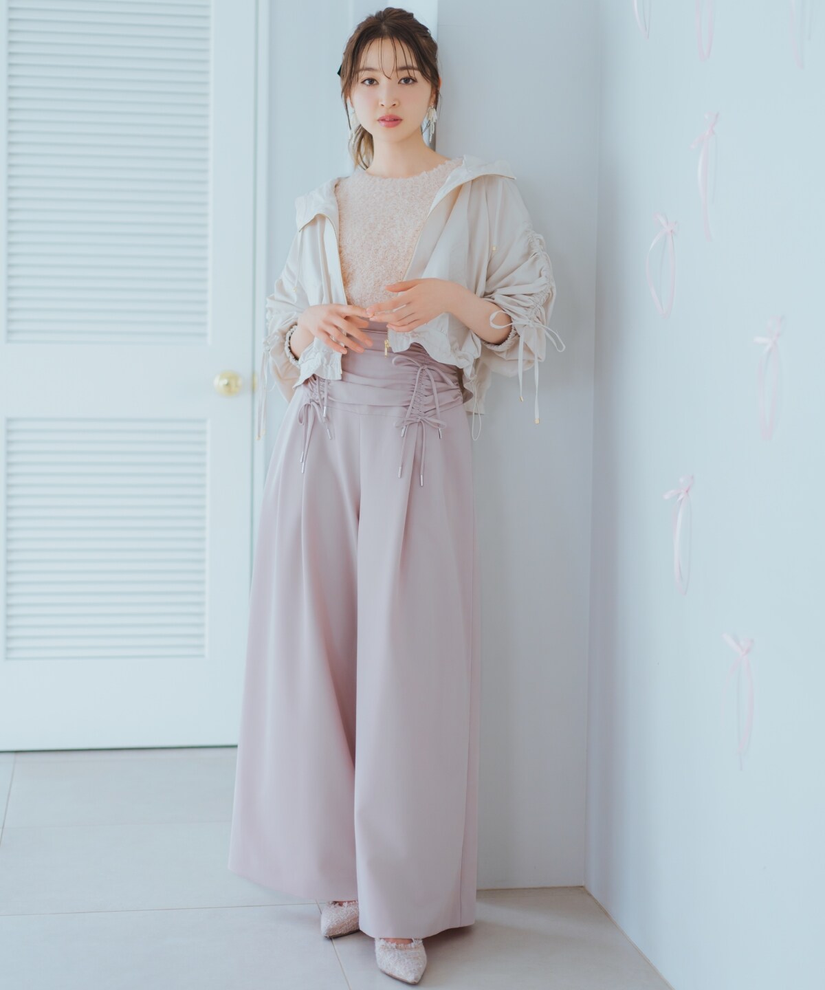 ドロスト風リボンワイドパンツ